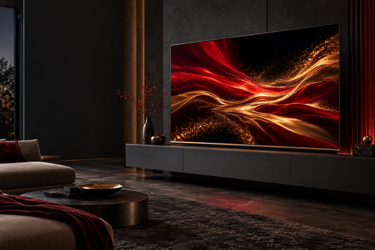 TV-Wohnwelt in Schwarz, Rot und Gold – KI-Illustration