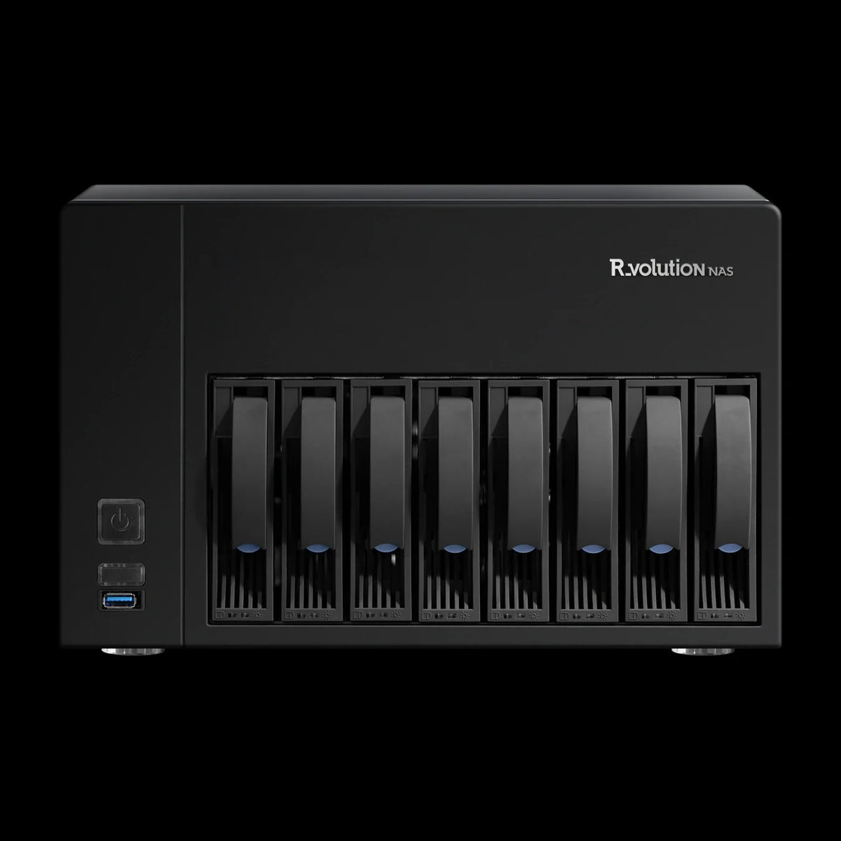 R_volution NAS Storage Ultra – Audio-/Video-Server – vollständige Original-Produktansicht auf Schwarz