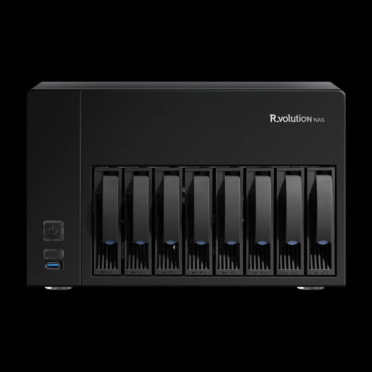 R_volution NAS Storage – Audio-/Video-Server – vollständige Original-Produktansicht auf Schwarz